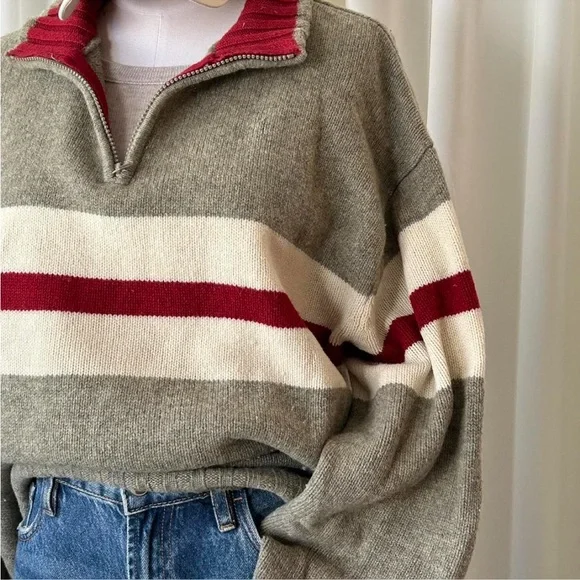 GAP Olive Green, Cream & Burgundy Half-Zip Stripe Sweater - Picture 5 of 8